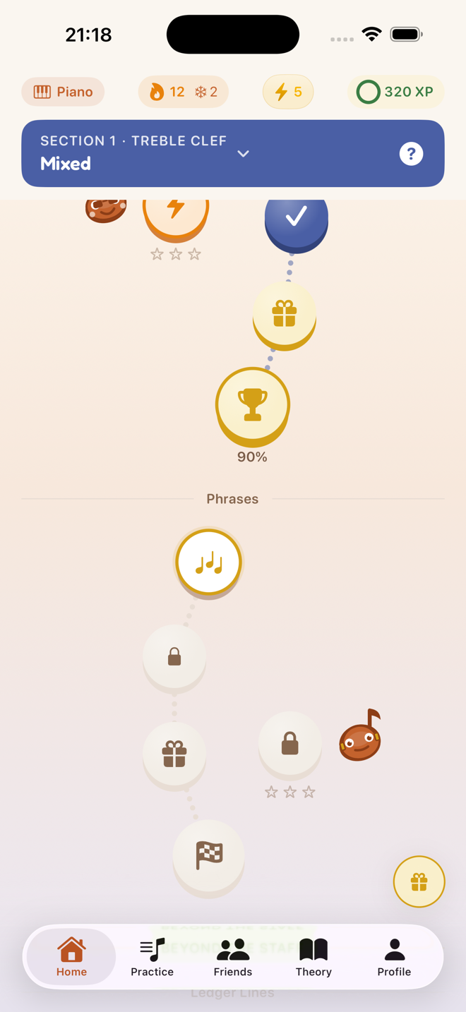 Clefly home screen showing a 12-day streak, the daily goal reached, and a skill tree of completed treble-clef nodes.