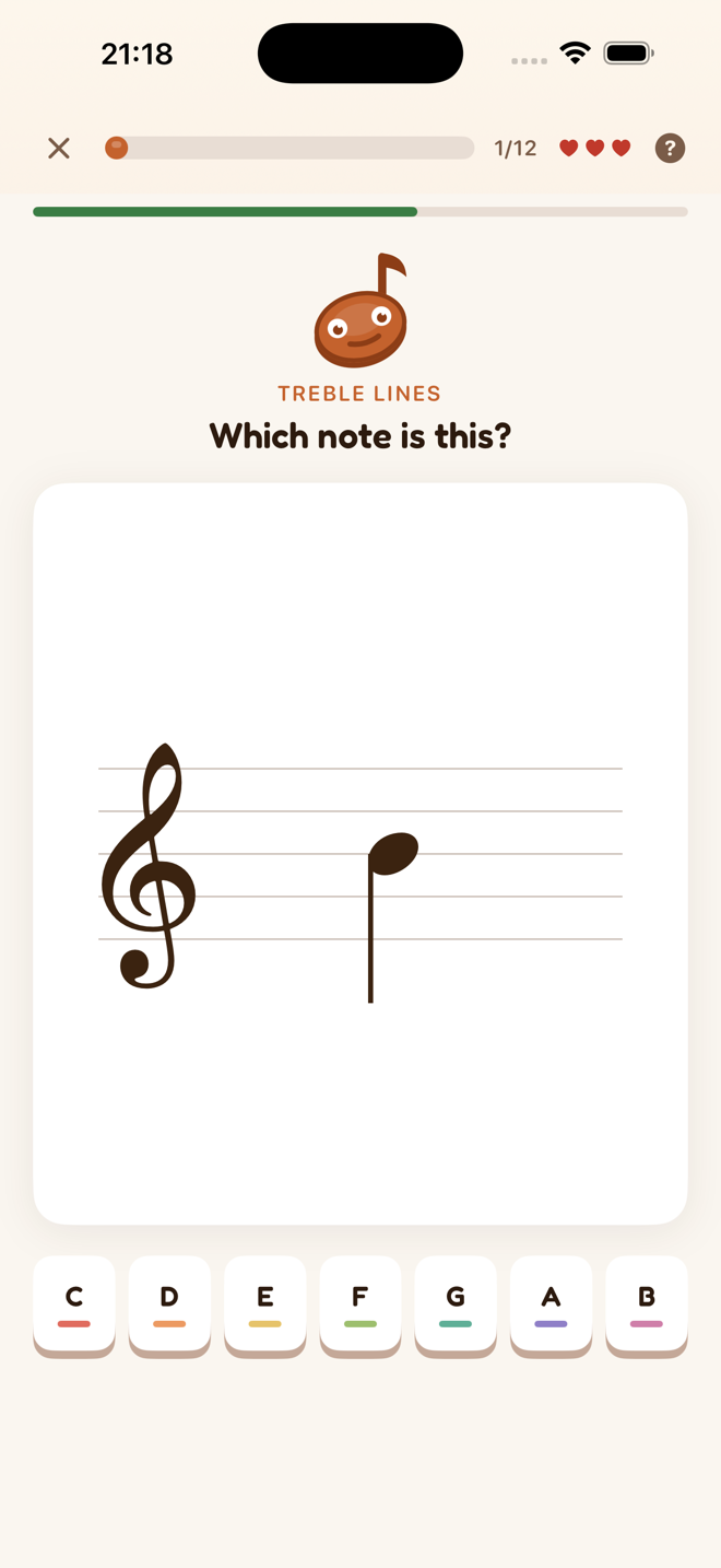 A Clefly lesson asking 'Which note is this?' with a note on the treble staff and labelled note buttons below.