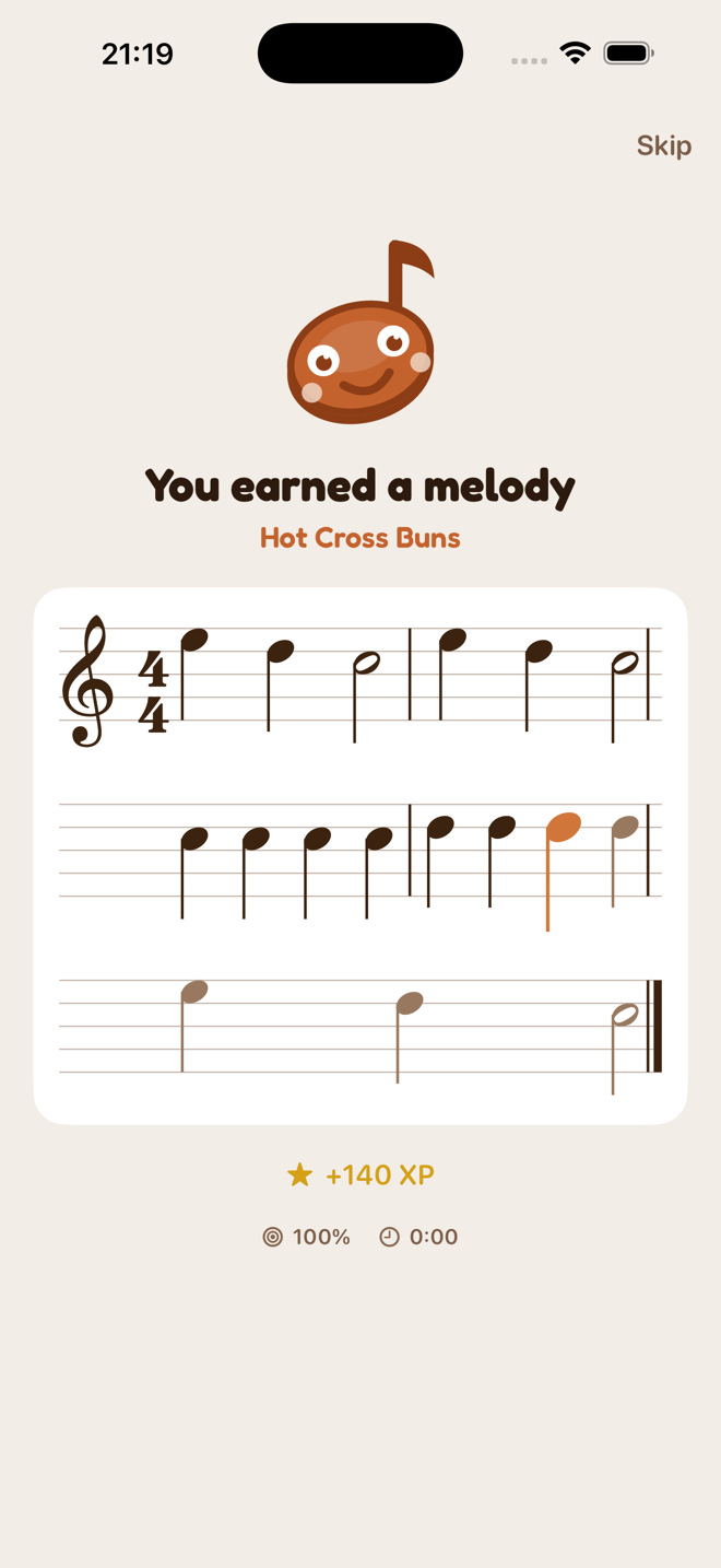 A Clefly reward screen reading 'You earned a melody' with a short tune written out as sheet music.